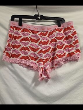 Victoria's Secret Pink and Red 'Love' Lip-Print Lace Trim Shorts